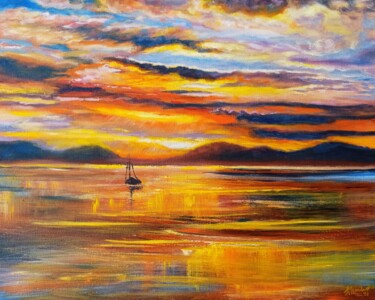 Yellow Sunset Sea Painting Seascape Original Oil Artwork On