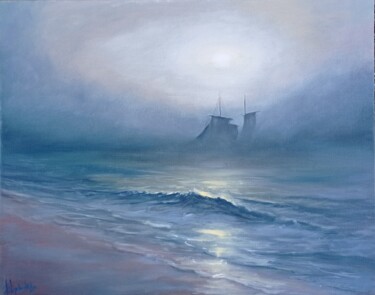 Sailboat Painting Foggy Seascape Original Oil Painting