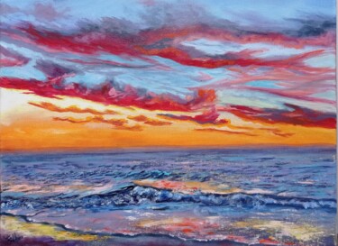 Red Sunset Sea Painting Seascape Colored Sky Original