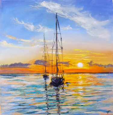 Bright Colors Sunset Painting Sailboat In Ocean