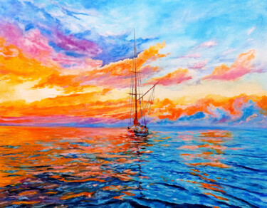 Bright Colors Sunset Painting Sailboat In Ocean Painting