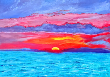 Turquoise Ocean Red Sky Painting