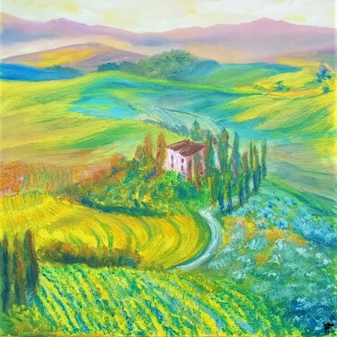 Tuscany Landscape Painting Italian Yellow Green Field.