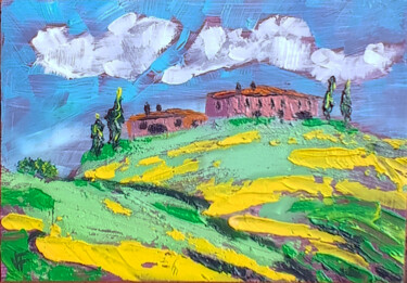 Italian Yellow Green Field Original Oil Small Artwork