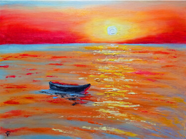 The Boat On Red Sunset Ocean.