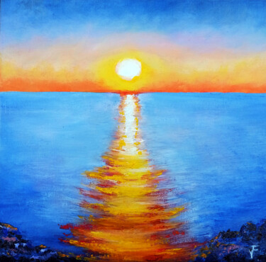 Sunset Sea Painting Seascape Colored Sky Original Art