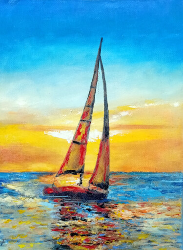 Sailboat On Sunset Ocean Seascape Painting.